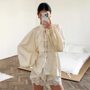 Elegant Satin Apricot Lace Shorts Suit Pajamas 2026 Casual Button Up Shirt With Elastic Waist Shorts Loose Soft Sleepwear