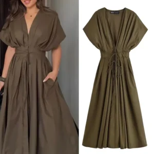 Women's V-Neck Lace-Up Midi Dress Summer A-Line