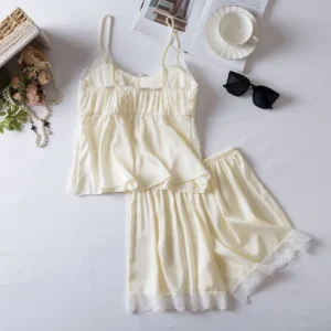 Summer Newest Pajama Sling Tops with Chest Pads and Shorts Women's Sexy Sleepwear Clothes Two Piece Set Lace Design Home Clothes