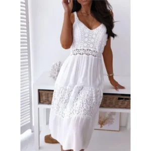 Women Boho Sexy Backless Midi Dress 2025 Summer Fashion Spaghetti Strap White Lace Patchwork Casual Beach Sleeveless Dresses